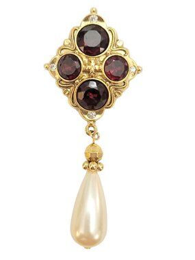 1928 Brand Red Glass Rhinestone Cross Pattern Faux Pearl Dangle Brooch, M854